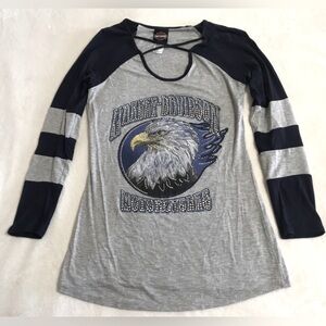 Harley-Davidson Gray and Black Eagle Rhinestone Graphic Top Sz Small